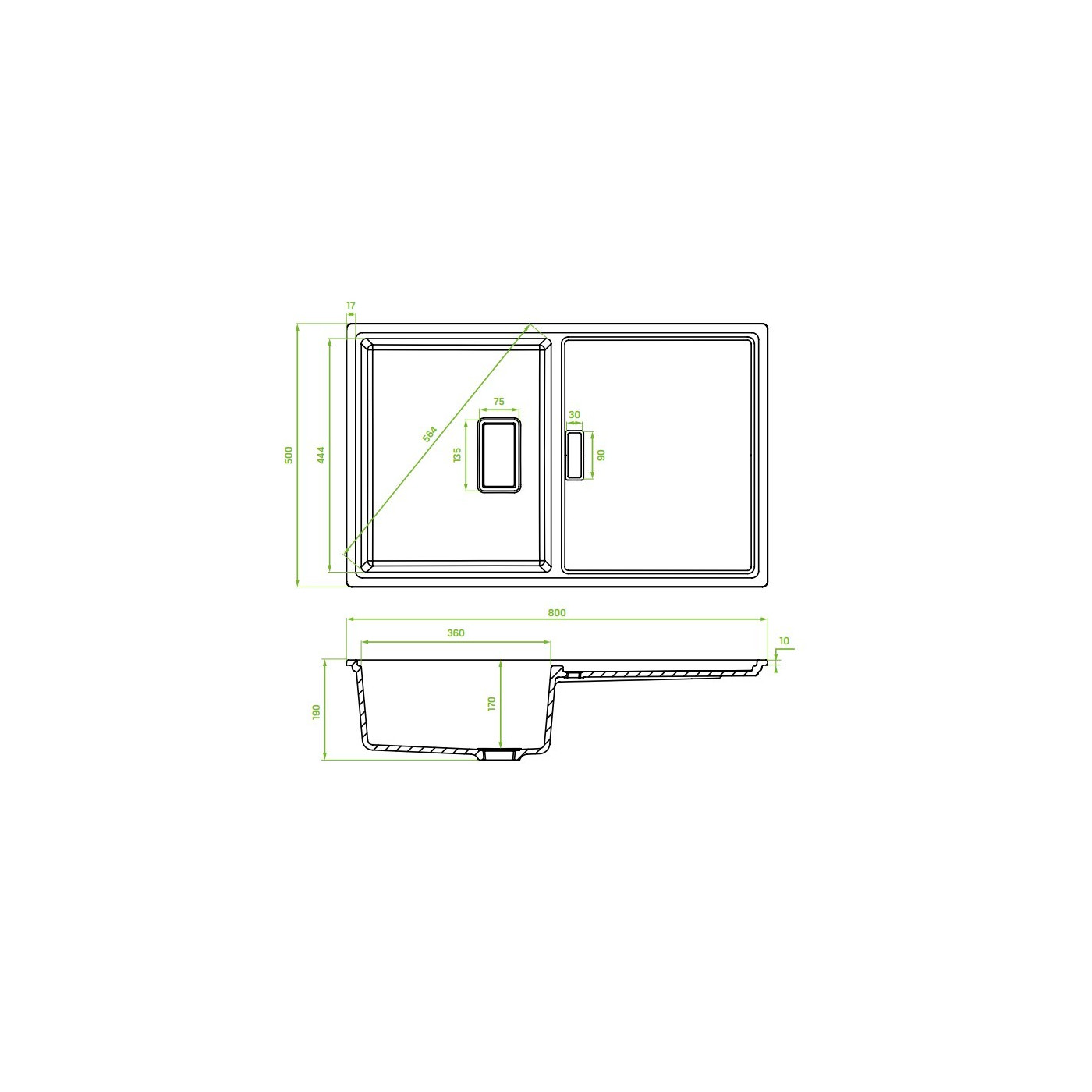 Zlewozmywak Granitowy 1 komorowy z ociekaczem 50x80cm z syfonem Czarny TONGA Laveo
