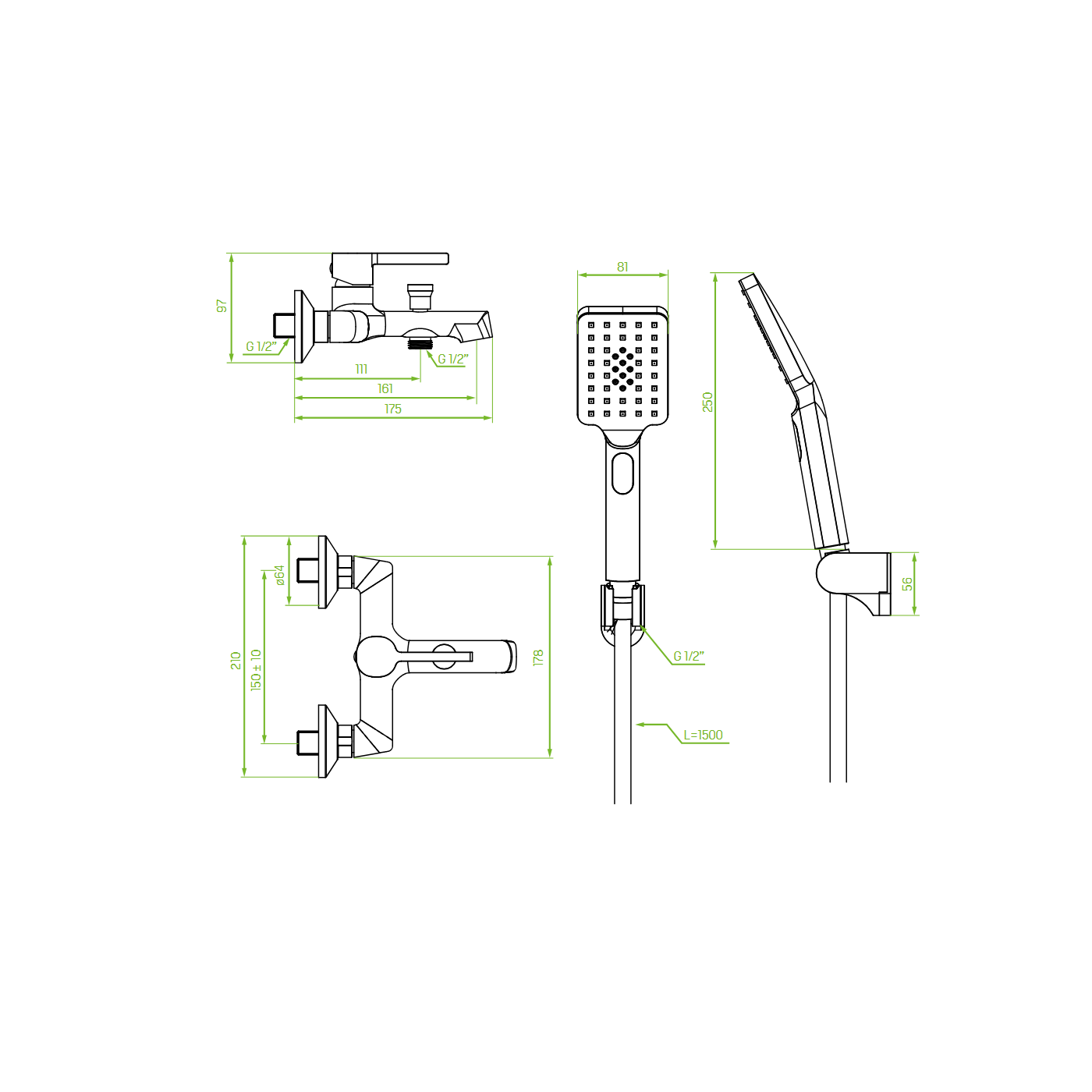 Bateria Wannowa Ścienna z Zestawem Natryskowym ALITA Chrom Laveo BVA_011D